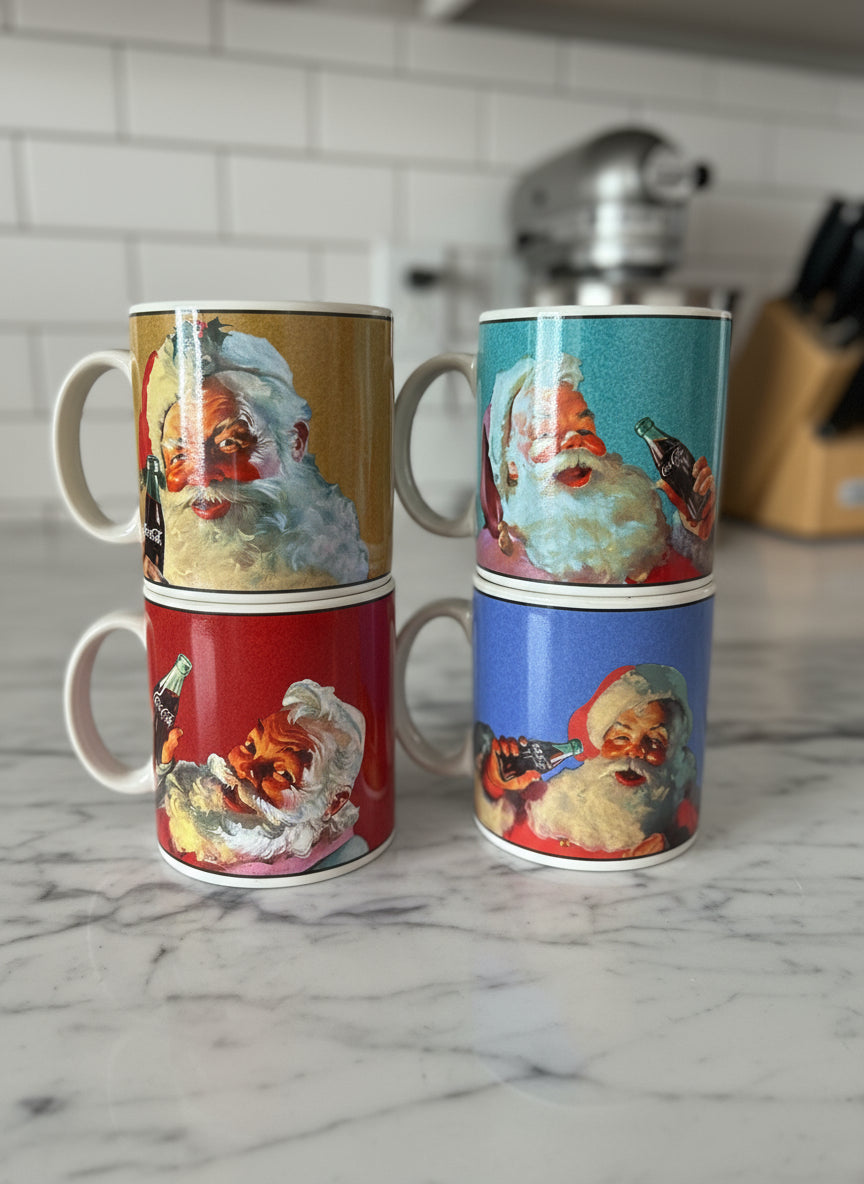 New Old Stock of Coca Cola Santa Coffee Mugs Set of 4 In Box 3.75" Tall