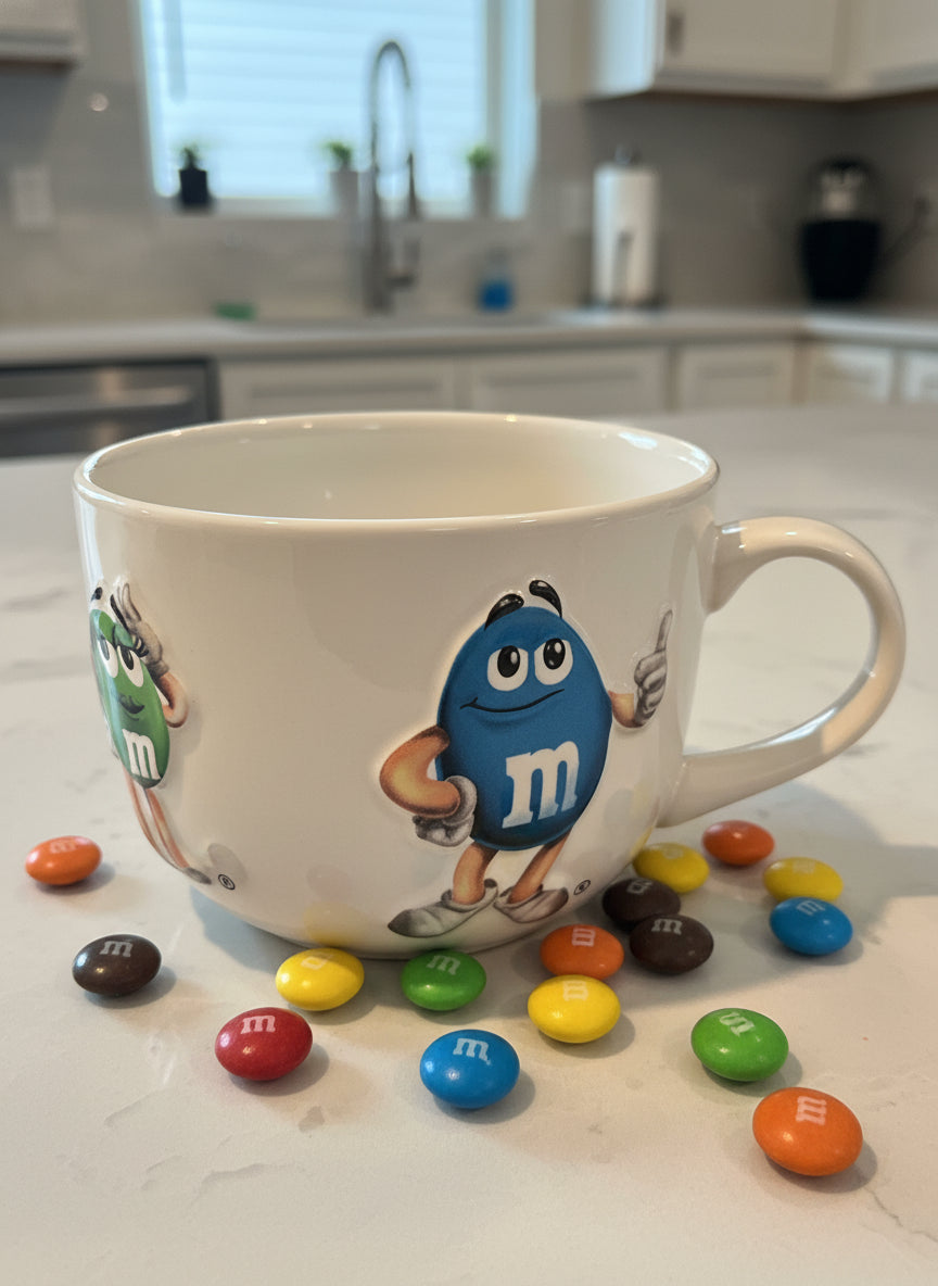 Large Mars M&Ms 3D Embossed Blue Red Green Yellow Coffee Mug Cup 3.5" Tall x 5" Wide