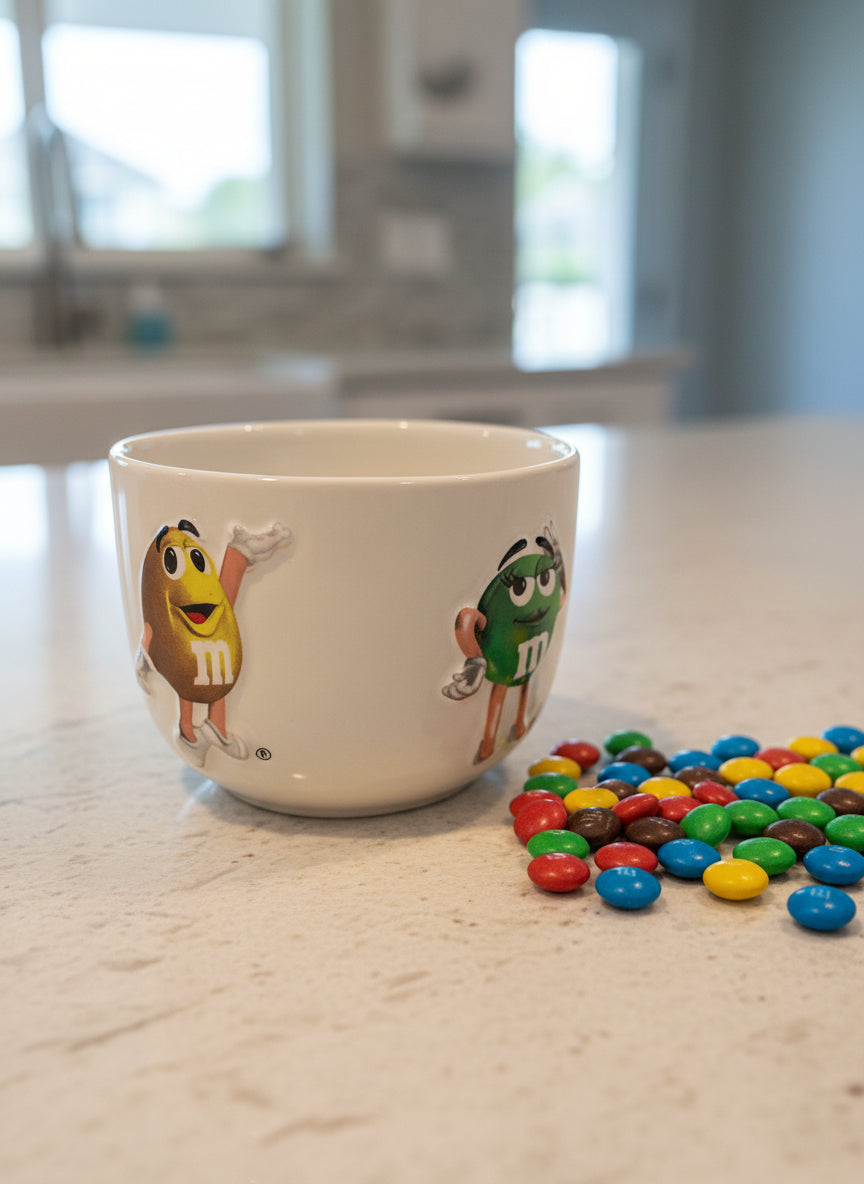 Large Mars M&Ms 3D Embossed Blue Red Green Yellow Coffee Mug Cup 3.5" Tall x 5" Wide