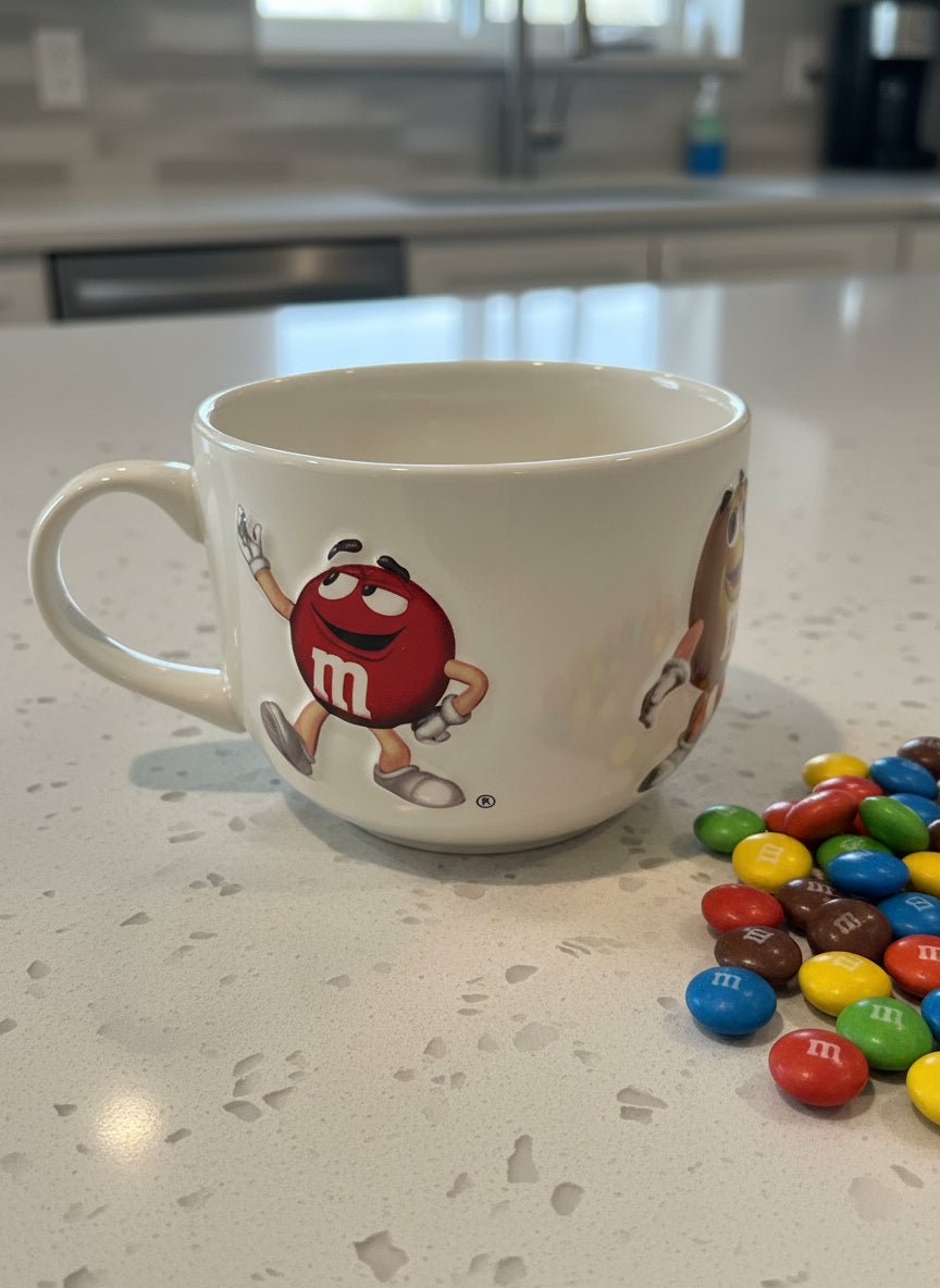 Large Mars M&Ms 3D Embossed Blue Red Green Yellow Coffee Mug Cup 3.5" Tall x 5" Wide