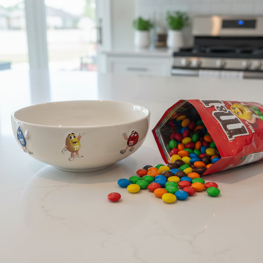 Mars M&Ms 3D Embossed Blue Red Green Yellow Bowl 2.5" Tall x 6.5" Wide