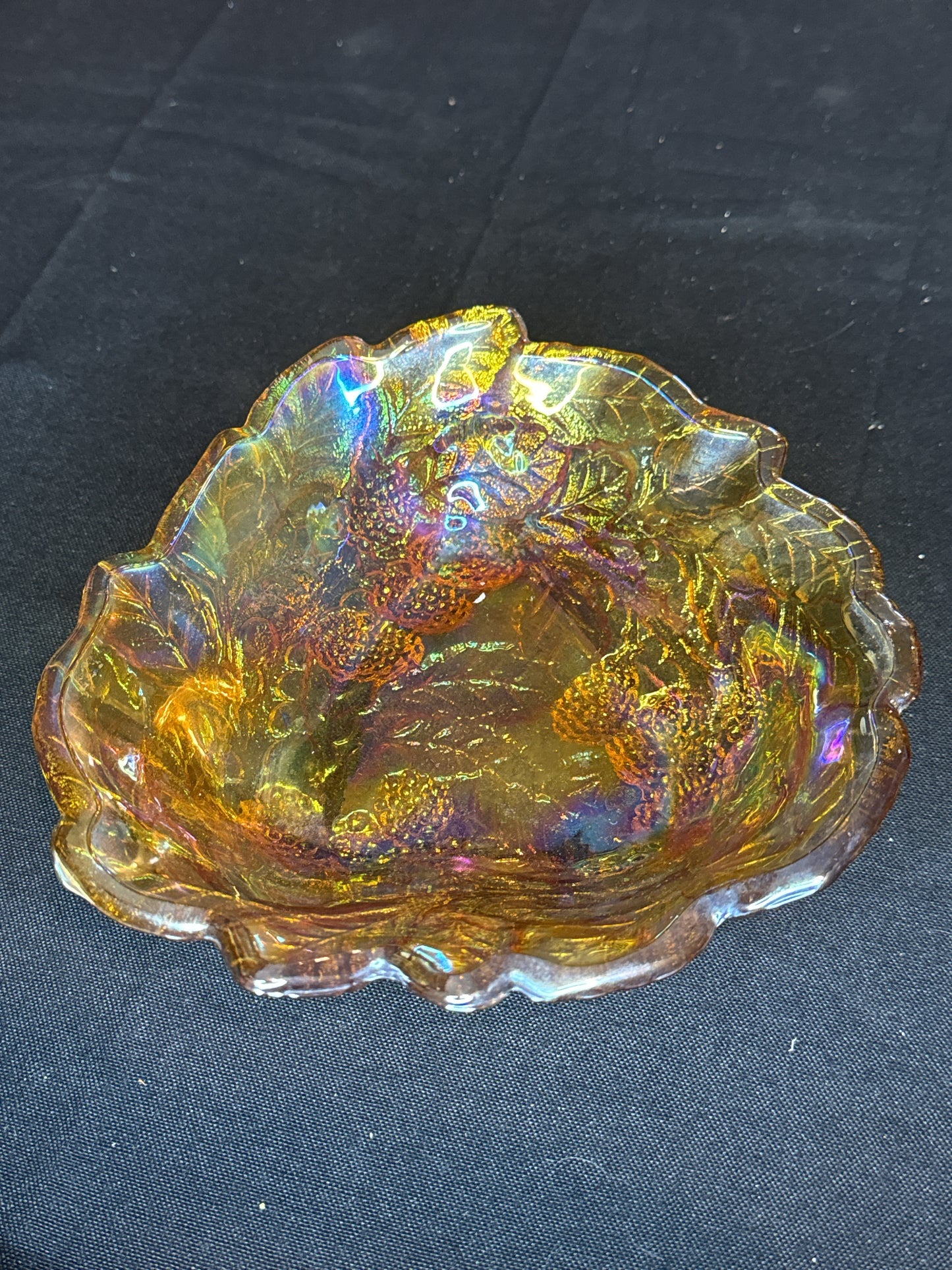 Vintage Indiana Glass Marigold Iridescent Loganberry Triangle Bowl, Carnival Glass