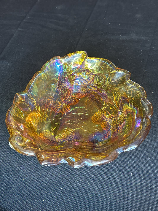 Vintage Indiana Glass Marigold Iridescent Loganberry Triangle Bowl, Carnival Glass