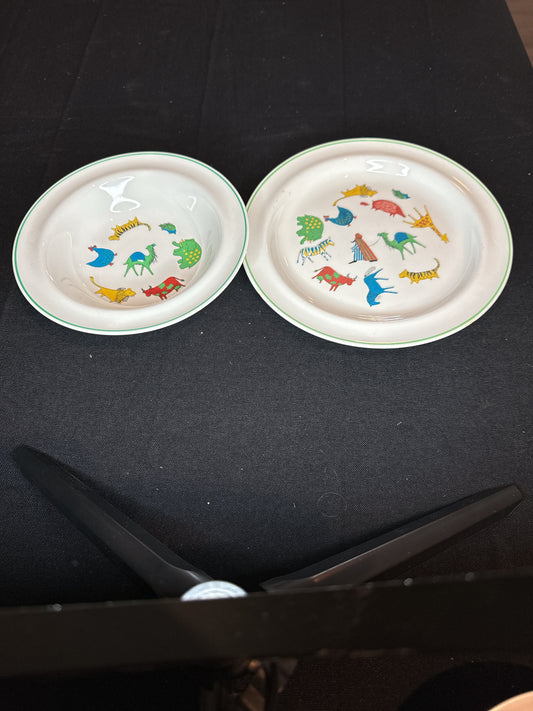 1960's Arabia Pottery Finland 7 5/8" Childs Plate and 6.5" Bowl Assorted Animals